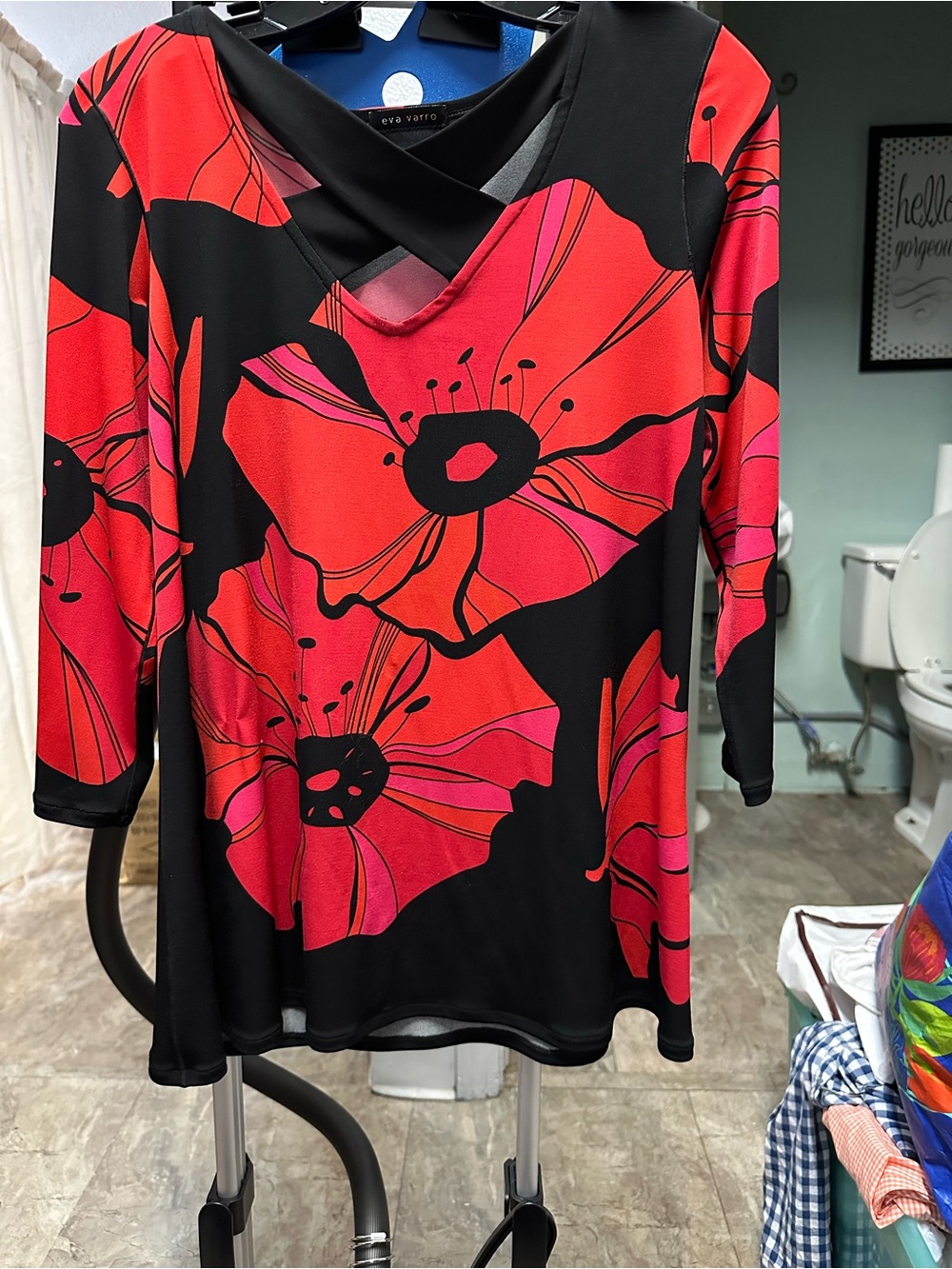 eva varro Black Tunic with Red and Pink Floral Print